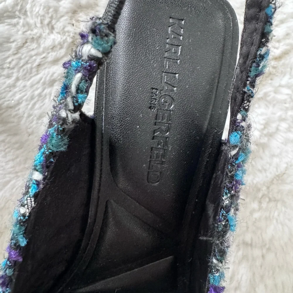 Karl Lagerfeld Black and Blue Tweed Sandals - Picture 3 of 7